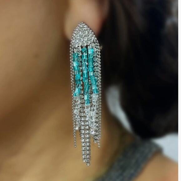 Ayounik Beaded Tassel Earrings Silver Blue NEW - Picture 6 of 7